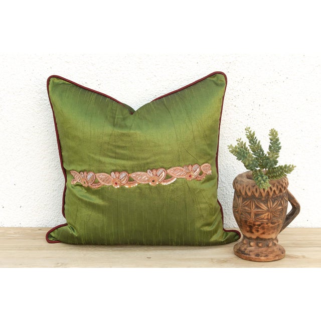 Crafted in India from a lustrous silk-blend textile, this pillow cover is embellished by hand with traditional Zardozi-...