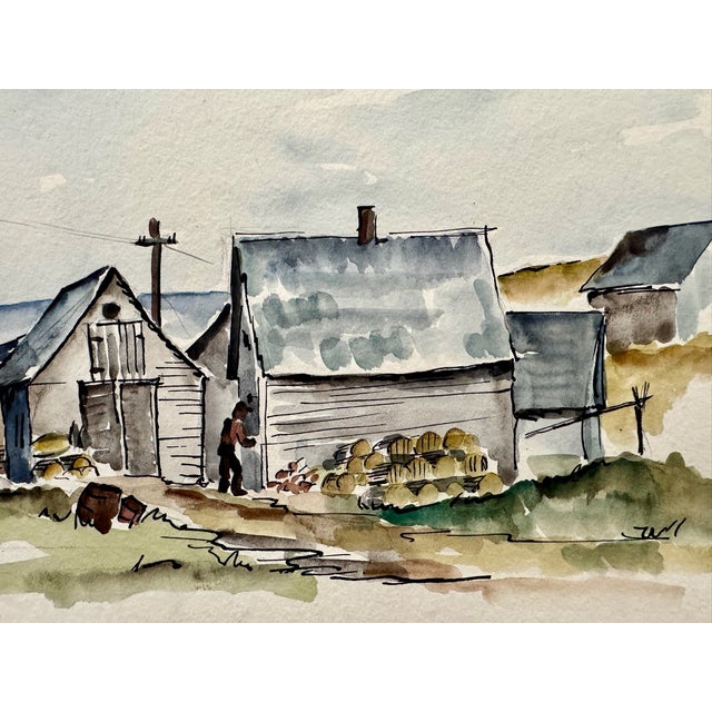 Rustic Henry Emil Salloch Original Watercolor on Paper Neil Harbor, Cape Breton Ns. 1953. For Sale - Image 3 of 7