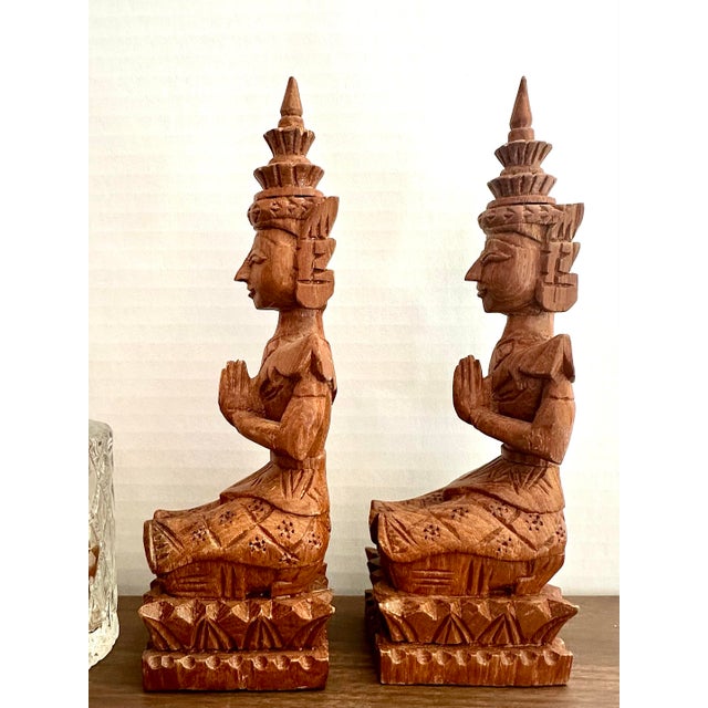 Vintage Teak Wood Thai Thepphanom Guardian Angels – Hand-Carved Buddhist Prayer Figures For Sale In Denver - Image 6 of 10