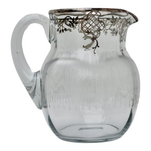 Antique Art Nouveau Glass Sterling Silver Overlay Water Pitcher W/Etched Glass
