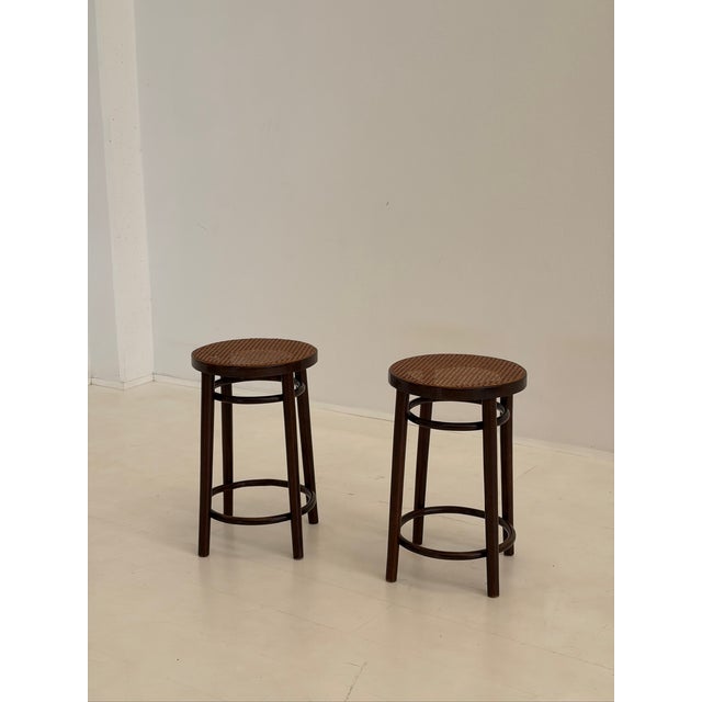 Vintage Stools in Wood and Vienna Straw, 1950s, Set of 2, in Flawless conditions. Designed 1950 to 1959