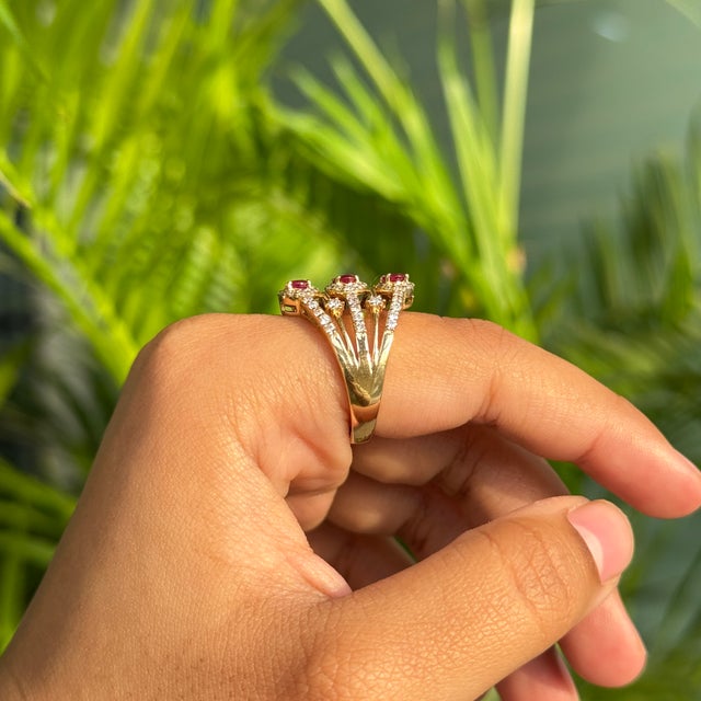 Deco-Style 1.15 Ct Three Stone Ruby Diamond Five Row Wide Band Ring Size 7 For Sale - Image 11 of 16