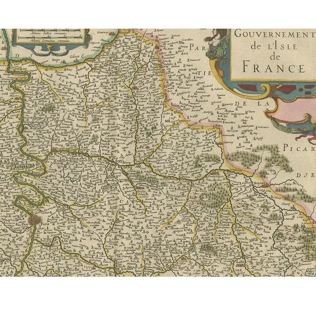 Antique Map of the Region of Île-De-France by Hondius, 1630 For Sale - Image 4 of 5