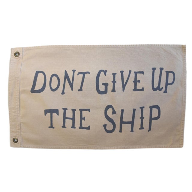 2020s Oho Chic Nautical Beach House Themed "Dont Give Up the Ship" Tan and Blue Textile Flag For Sale - Image 5 of 5