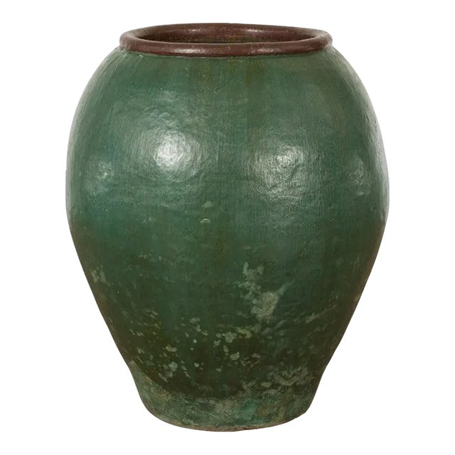 Large Thai 1950s Green Glazed Ceramic Planter with Brown Lip & Tapering Body For Sale