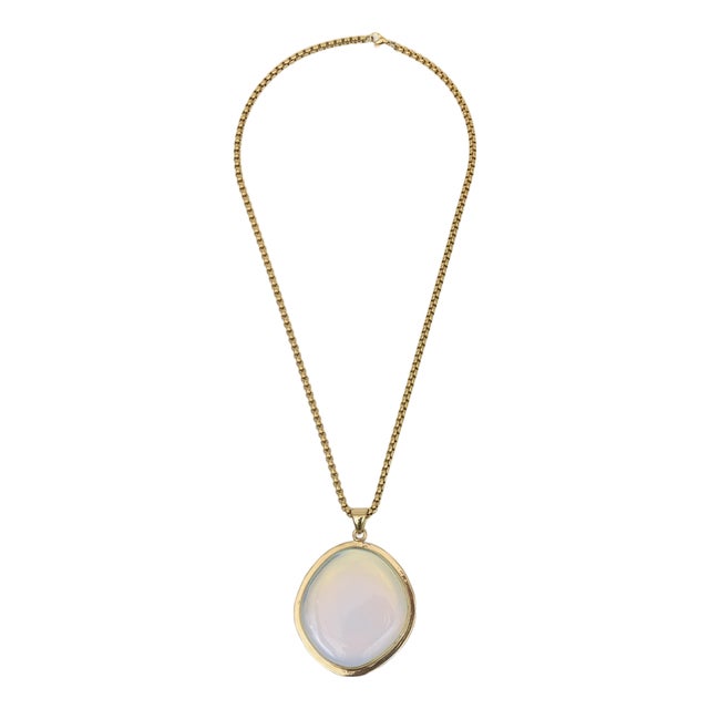 Charles Allen Gold Plated Pendant Necklace With Large Glass Blue Opalescent Stone, 1980's For Sale