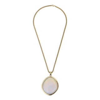 Gold Plated Pendant Necklace by Charles Allen With Large Glass Blue Opalescent Stone, 1980's For Sale