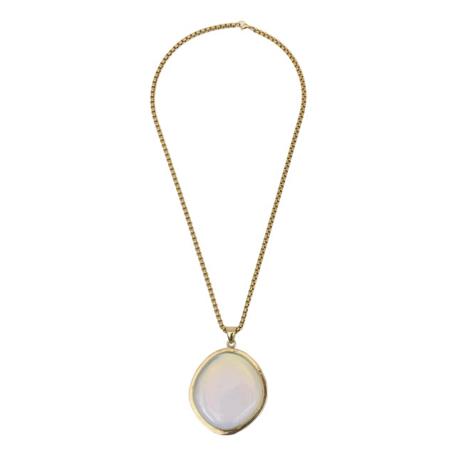 Gold Plated Pendant Necklace by Charles Allen With Large Glass Blue Opalescent Stone, 1980's For Sale