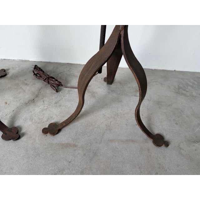 Vintage Hand-Forged Iron French Gothic & Spanish Revival Adjustable Tripod Floor Lamps – A Pair For Sale - Image 11 of 13