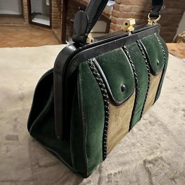 1960s Green and Brown Suede and Black Leather Italian Top Handle Bag For Sale - Image 10 of 13