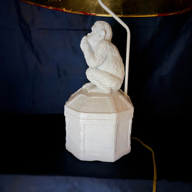 Chic Vintage Vivai Del Sud Style White Monkey Table Lamp With Hand Gilt Red Chinoiserie Shade – Newly Painted For Sale In Mobile - Image 6 of 11