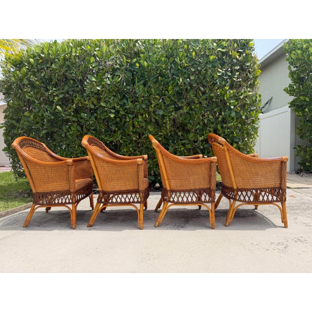 Late 20th Century Vintage Palecek Wicker Dining Armchairs With Cushions – Set of 4 For Sale - Image 5 of 18