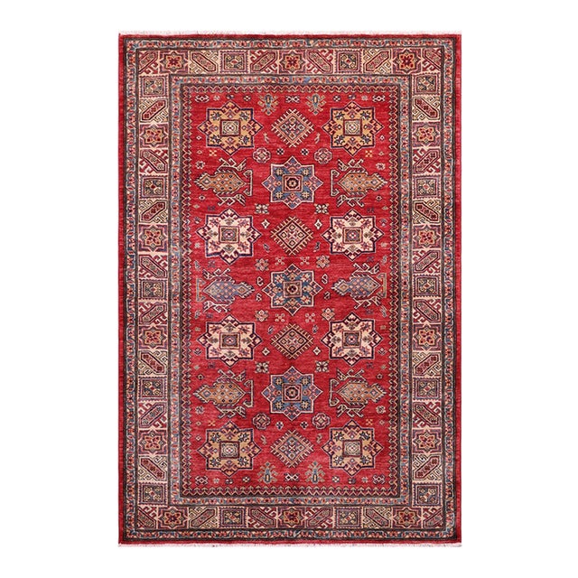 Shabby Chic Super Kazak Red/Tan Wool Rug - 4'10'' X 6'7'' For Sale