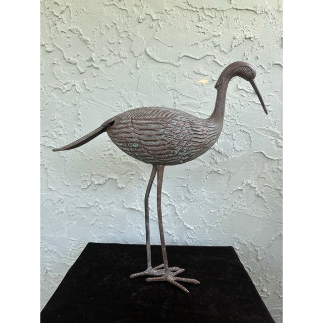 Traditional Pair of Vintage Bronze Patina Crane Sculptures in Complementary Poses For Sale - Image 3 of 12