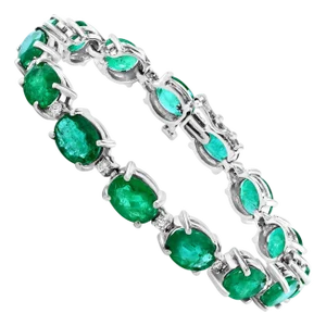 30 Carat Natural Zambian Emerald & Diamond Tennis Bracelet 14 Karat Gold