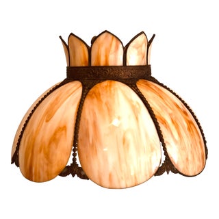 Vintage 1960s Tiffany Style Slag Glass Swag Hanging Lamp Light Fixture, Caramel Amber Tones For Sale