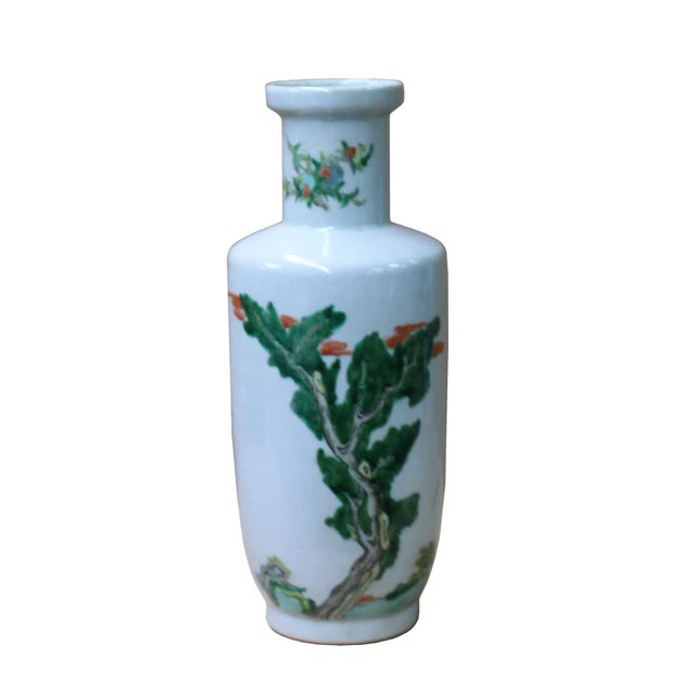 Chinoiserie Chinese Distressed Off White Porcelain People Scenery Vase For Sale - Image 3 of 6