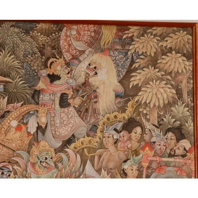 1960s Mid Century Asian Oil Painting Javanese Indonesian Carnival on Bali (Ubud) Hand Painted on Linen Framed Tariff Free Delivery For Sale - Image 5 of 13