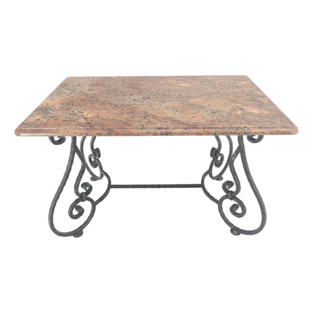 Heavy Wrought Iron Base 46x30" Thick Granite Top Outdoor Dining Table MINT For Sale