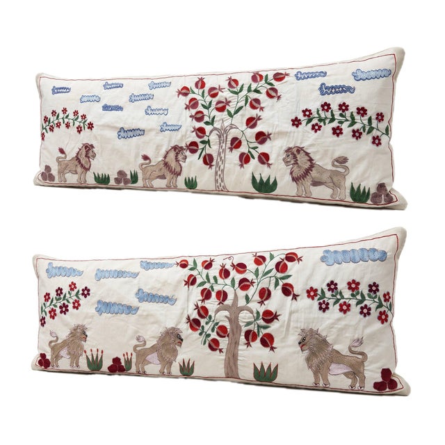 Mid-Century Modern White Lion Suzani Lumbar Pillow Cover 18'' X 54'' - Set of Two For Sale - Image 3 of 4