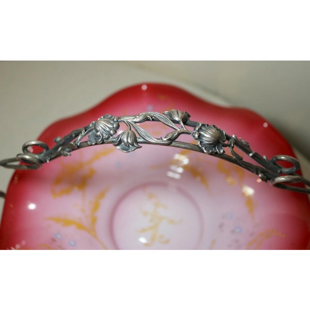 Pink Antique Ornate Silverplate Enameled Glass Centerpiece Footed Fruit Bowl Compote For Sale - Image 8 of 12