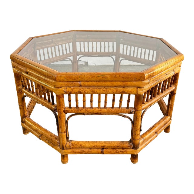 Vintage Glass Top Scorched Bamboo Coffee Table For Sale