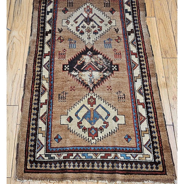 Antique 19th C. Persian Kurdish Runner Rug, Hand-Knotted Wool, Geometric Pattern, 4x10, Camelhair & Ivory For Sale - Image 13 of 18