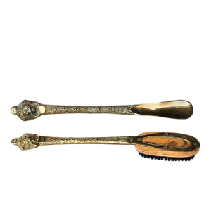 Antique Brass Shoe Horn and Clothing Brush With Lion Handles