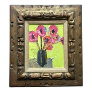 Contemporary Original Alexandra Brown Abstract Floral Pop Still Life Oil Painting Chunky Vintage Carved Frame