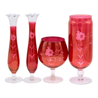 Antique Czech Bohemian Crystal Cranberry Glass Set of (4) For Sale