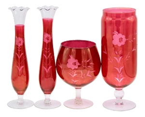 Antique Czech Bohemian Crystal Cranberry Glass Set of (4)