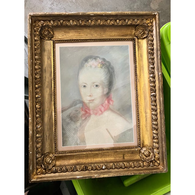 French Antique Framed Pastel Portrait of Young Woman, Giltwood Frame, French Romantic Style For Sale - Image 3 of 12