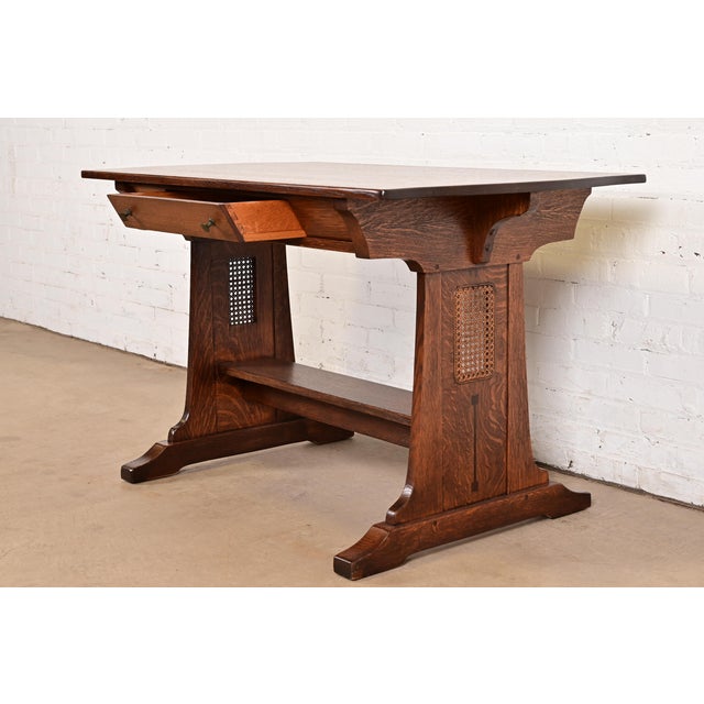 Limbert Antique Mission Oak Arts & Crafts Turtle Top Writing Desk or Library Table, Newly Refinished For Sale In South Bend - Image 6 of 14