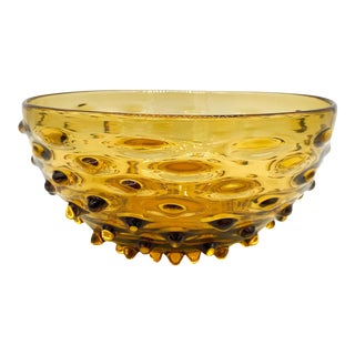 20th Century Empoli Italian Amber Hobnail Spiky Glass Bowl For Sale