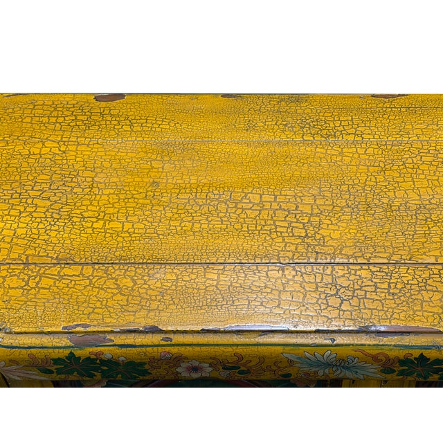 Vintage Chinese Yellow Lacquered Wood Credenza Sideboard Carved Scenic Panels For Sale - Image 15 of 18