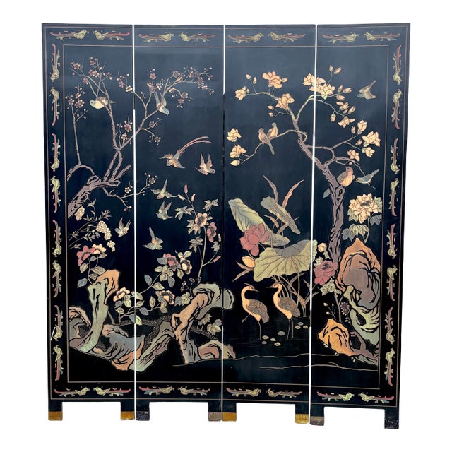 Exquisite Chinese Export Four Panel Coromandel Screen With Birds in Landscape For Sale