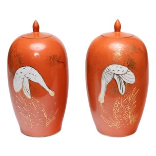 Pair of Petite Chinese Persimmon Pine & Crane Jars, C. 1920 For Sale