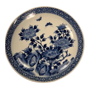 1870 Japanese Arita Meiji Period Charger Blue White Peony Butterfly Pattern