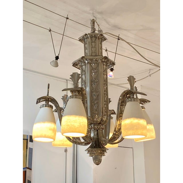 Art Deco Silvered Bronze and Alabaster Chandelier, 1920s For Sale - Image 3 of 3