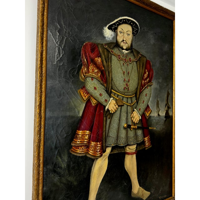 1930s Huge English Oil Painting Portrait Tudor Royal King Henry VIII After Hans Holbein For Sale - Image 5 of 12