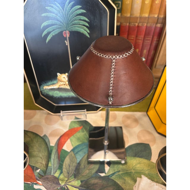 Rechargeable Steel Lamp with Leather Lampshade by Borges, in New conditions. Designed from 2000 Stamped by Maker, European...