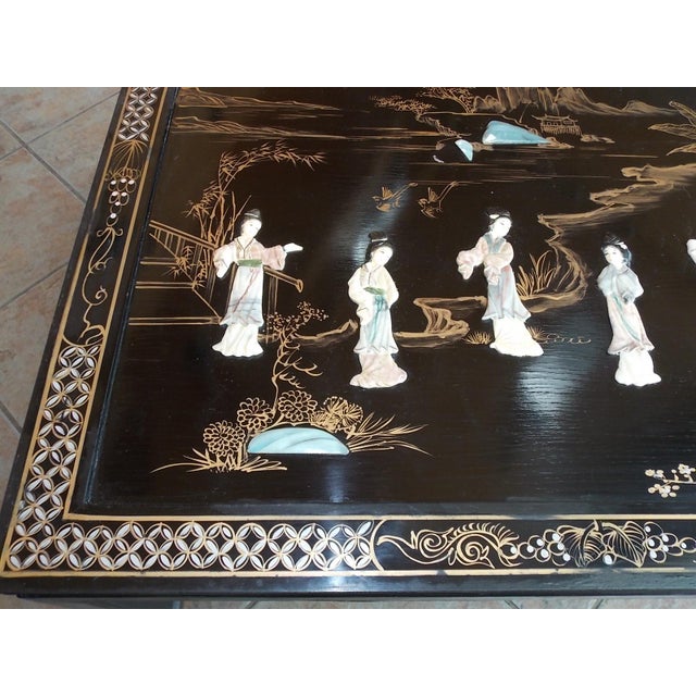 Antique Chinoiserie Black Accent Table Asian Design Geisha Glass Top For Sale - Image 4 of 14