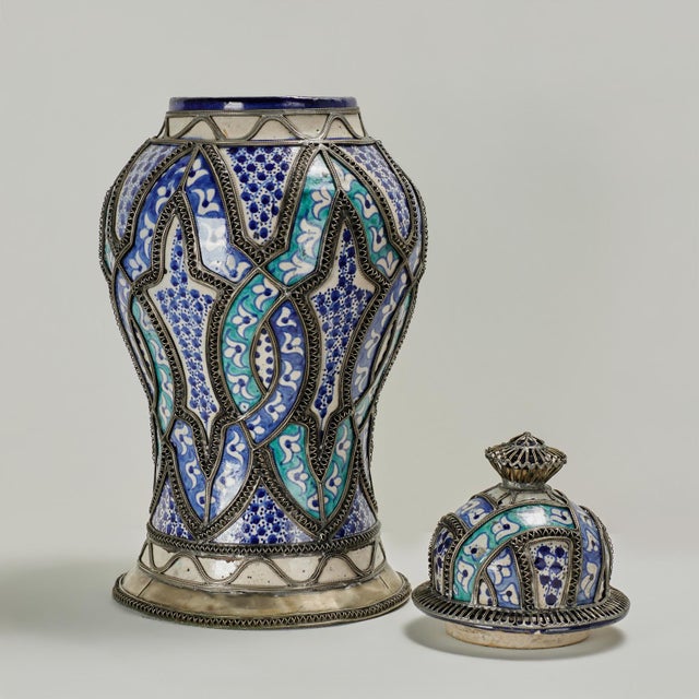 Blue Vintage Moroccan Earthenware and Metal Lidded Urn For Sale - Image 8 of 12