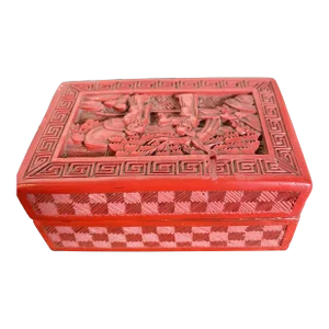 Early 20th Century Chinese Cinnabar Red Carved Lacquer Rectangular Box Black Interior Chinoiserie