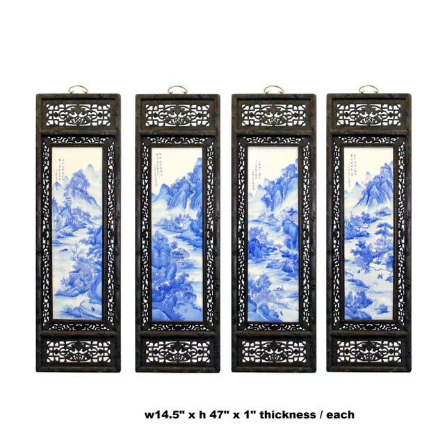 Wood Chinese Mountain River Porcelain Blue & White Painting Wall Panel Set For Sale - Image 7 of 8