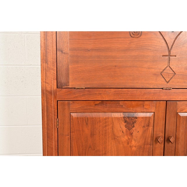 Brown English Country Farmhouse Studio Crafted Carved Walnut Drop Front Secretary Desk With Bookcase For Sale - Image 8 of 14