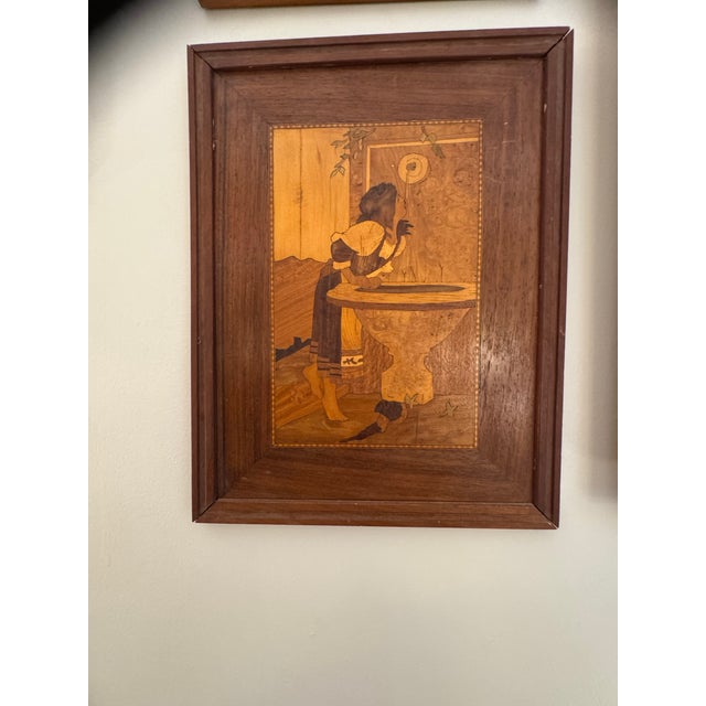 1950s Set of 4 Dated 1965 Wood Marquetry Wall Art Panels For Sale - Image 5 of 12