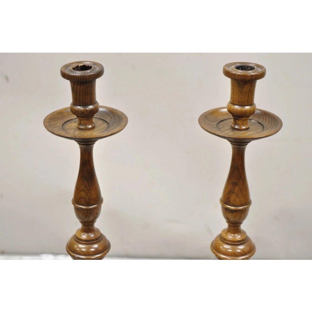 Jacobean Vintage Italian Renaissance Jacobean Turn Carved Oak Wood 18.5" Candlestick Pair For Sale - Image 3 of 10