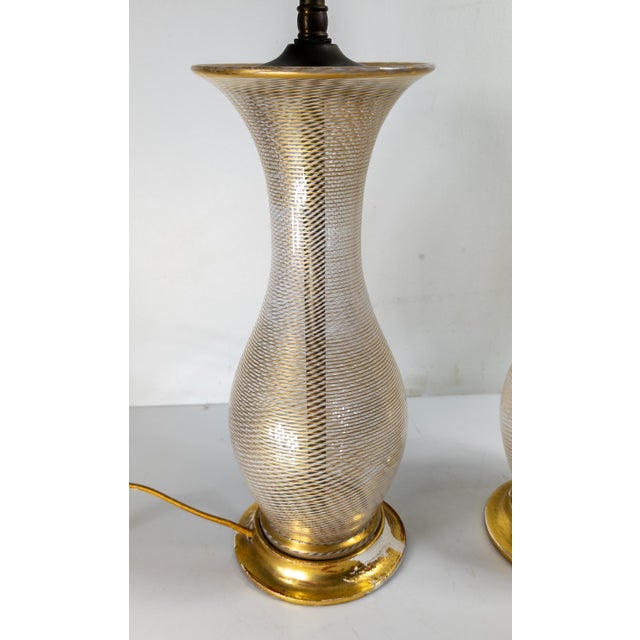 Wood Mid-Century Pair of Italian Murano White and Clear Latticinio Lamps With Gilding For Sale - Image 7 of 12
