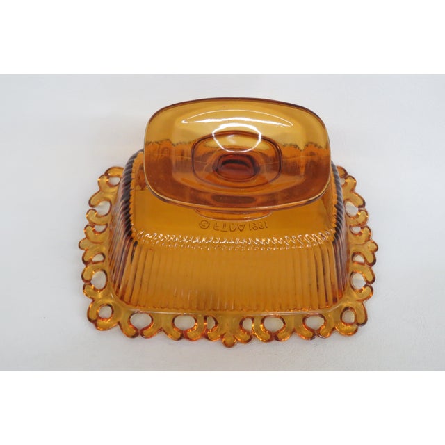 Amber Ftda 1981 Amber Golden Brown Pressed Glass Embossed Pedestal Candy Dish 5088b For Sale - Image 8 of 18